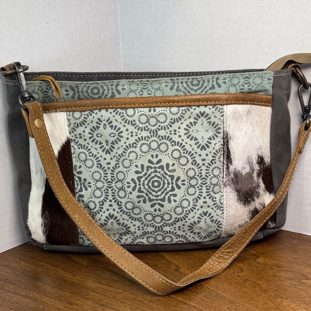 Myra Bag Western Upcycled Canvas & Cowhide Leather, BOHO Shoulder Bag Purse